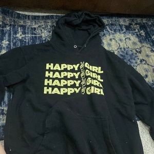 Black, happy girl sweatshirt. No strings for the hood. Barley worn.